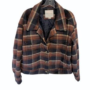 American Eagle Plaid Jacket Shacket Womens Large Brown & Navy Wool Blend